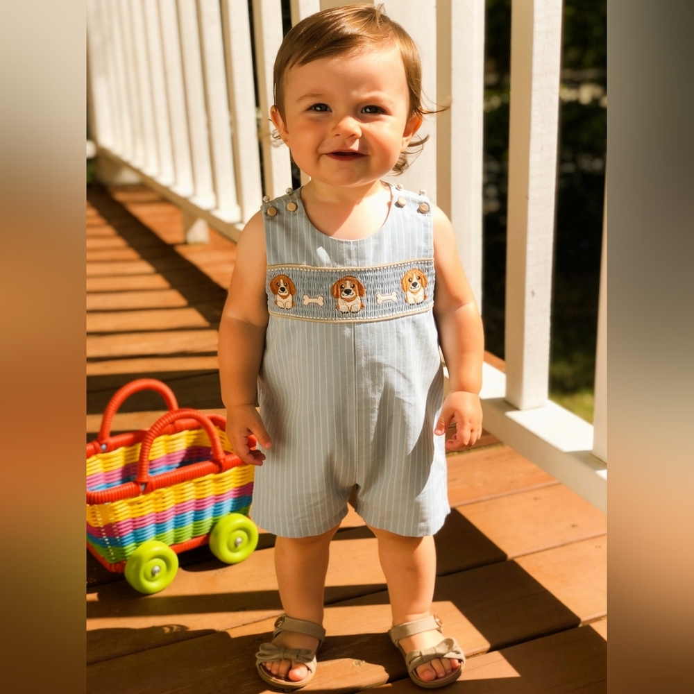 Lil' Cactus Light Blue Puppy Smocked Overalls Sz 6-12M